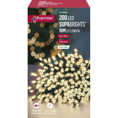 200 LED Supabrights Warm White Multi-action 16M Lit Length Green Cable