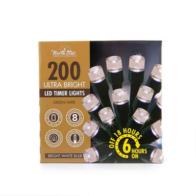 200 LED Ultra Bright Timer Lights Green Wire - Bright White