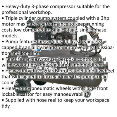 200 Litre Belt Drive Air Compressor - Front Control Panel - 3-Phase 3hp Motor