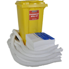 200 Litre Oil and Fuel Spill Kit, UK Made. Deal for Oils, Diesel, Fuels, Lubricants - Wheeled Bin Design for Portability