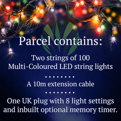 200 Multi-Coloured LED's Black Cable Connectable Outdoor Garden Party Waterproof String Lights (20m) Low Voltage Plug - 3