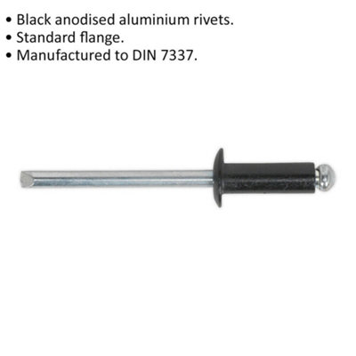 200 Pack of Black Anodized Aluminium Rivets - 3.2mm x 10mm Standard Flange