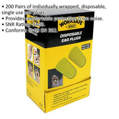 200 PAIRS DISPOSABLE SINGLE USE EAR PLUGS - NOISE PROTECTION - 34DB SNR ...