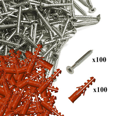 200 PCE Pozi Screws & Red Raw Fixing Plugs, Twin Thread 4.2 x 38mm ...