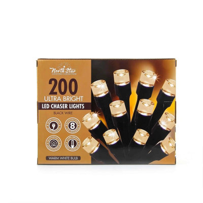200 Ultra Bright LED Chaser Lights Black Wire - Warm light