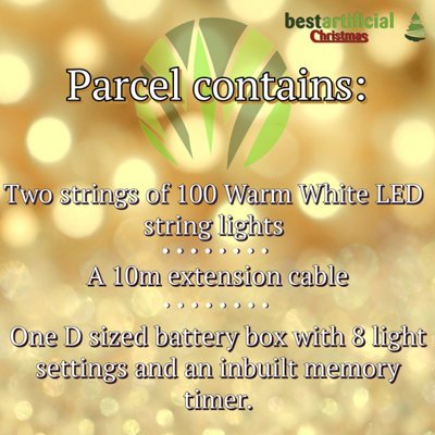 200 Warm White LED's 20m/65ft Clear Cable BATTERY Power Connectable Indoor Outdoor Waterproof String Lights Garden Party - 5