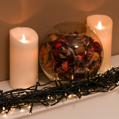 200 Warm White Multi-Function Xmas Battery Lights - Green Cable