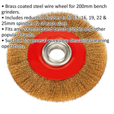 200 x 13mm Wire Brush Wheel - Brass Coated Steel - 32mm Bore - Bench Grinding