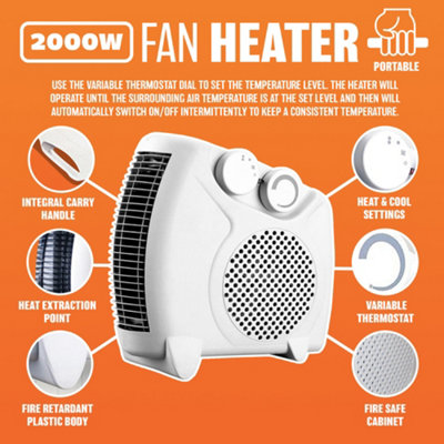 2000 Watts Thermo Fan Heater - 2 Heat Settings & Cool Blow, Thermostat,  Thermal Auto Cut Off - 2kw - Overheat Protection White