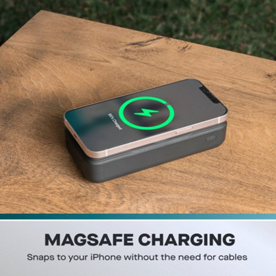 20000 mAh Portable Power Bank with Built In 3-in-1 Cable Set & Magsafe Compatible Wireless Charger for iPhone or Android Device