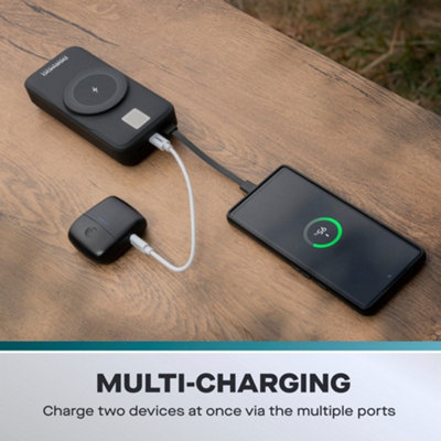 20000 mAh Portable Power Bank with Built In 3-in-1 Cable Set & Magsafe Compatible Wireless Charger for iPhone or Android Device