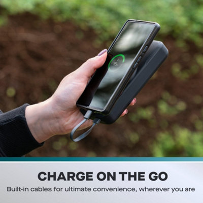 20000 mAh Portable Power Bank with Built In 3-in-1 Cable Set & Magsafe Compatible Wireless Charger for iPhone or Android Device