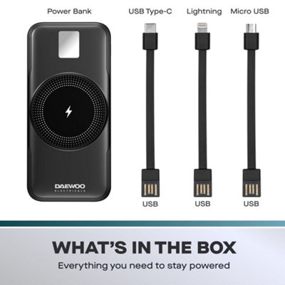 20000 mAh Portable Power Bank with Built In 3-in-1 Cable Set & Magsafe Compatible Wireless Charger for iPhone or Android Device