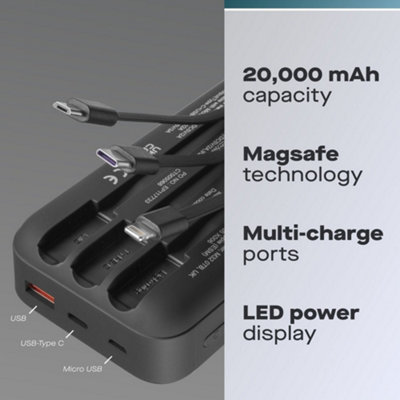 20000 mAh Portable Power Bank with Built In 3-in-1 Cable Set & Magsafe Compatible Wireless Charger for iPhone or Android Device