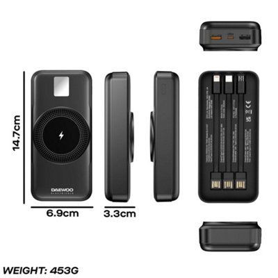 20000 mAh Portable Power Bank with Built In 3-in-1 Cable Set & Magsafe Compatible Wireless Charger for iPhone or Android Device