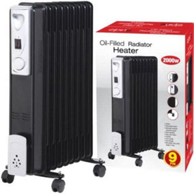 2000w 9 Fin Portable Oil Filled Radiator Heater Electrical Caravan Office Home Black
