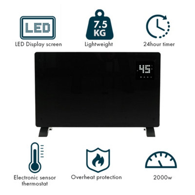 2000W LED Display Smart Electric Glass Panel Heater Wifi Enabled - Black