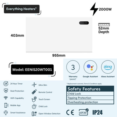 2000W Smart Electric Panel Heater for Home of Office - Wall Mounted with Touchscreen - WiFi App Control, Alexa and Google Home