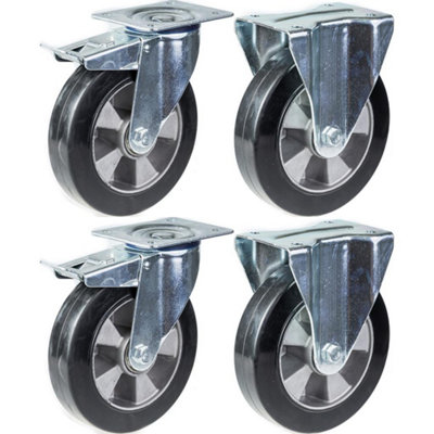 200mm 8" castor black rubber brake & fixed strong 1400kg capacity, set of 4
