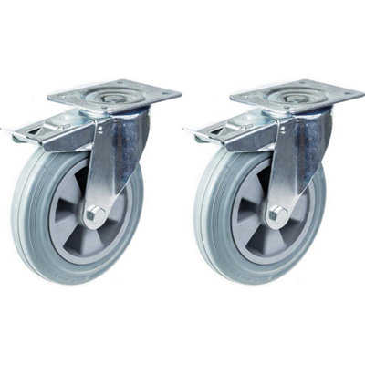 200mm 8" castor grey rubber swivel with brake strong 410kg capacity, set of 2
