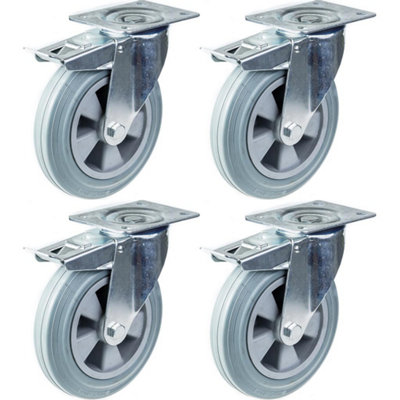 200mm 8" castor grey rubber swivel with brake strong 820kg capacity, set of 4
