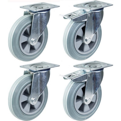 200mm 8" castor grey rubber tyre swivel & brake strong 820kg capacity, set of 4