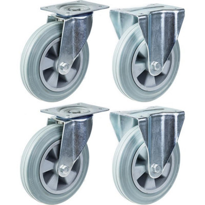 200mm 8" castor grey rubber tyre swivel & fixed strong 820kg capacity, set of 4