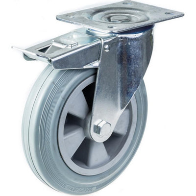200mm 8" castor grey rubber tyre swivel with brake strong 205kg capacity