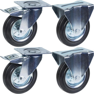200mm 8" castor rubber tyre, brake & fixed, strong 800kg capacity, set of 4
