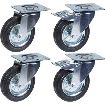 200mm 8" castor rubber tyre, swivel & brake, strong 800kg capacity, set of 4