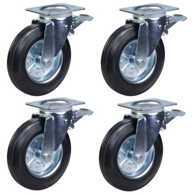200mm 8" rubber wheel Waste bin castors, swivel/brake - Set of 4