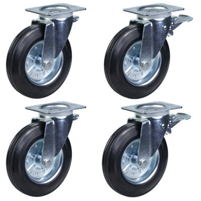 200mm 8" rubber wheel Waste bin castors, swivel & swivel/brake - Set of 4