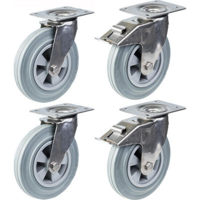 200mm 8" stainless steel castor grey rubber, swivel & brake, 820kg, set of 4