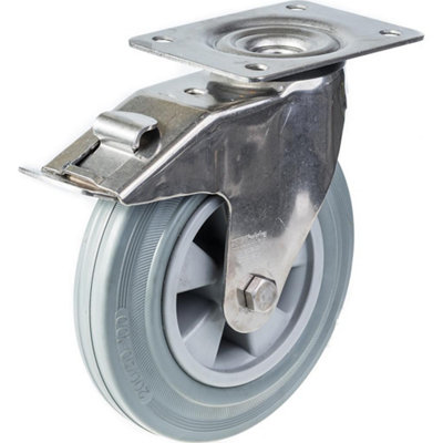 200mm 8" stainless steel castor grey rubber, swivel with brake, 205kg