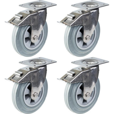 200mm 8" stainless steel castor grey rubber, swivel with brake, 820kg, set of 4
