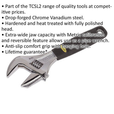 200mm Adjustable Wrench - 40mm Extra-Wide Jaw Capacity - Metric Calibration