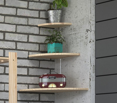 Grey wood store corner shelf