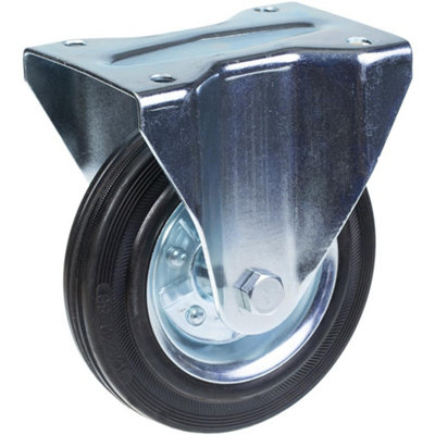 200mm fixed castor with black rubber on pressed steel centre wheel