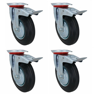 200mm HD Braked Castor Wheel Rubber Tyre For Trolleys Trucks Carts 4pc