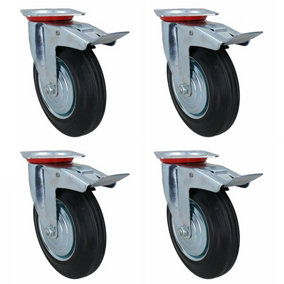 200mm HD Braked Castor Wheel Rubber Tyre For Trolleys Trucks Carts 4pc