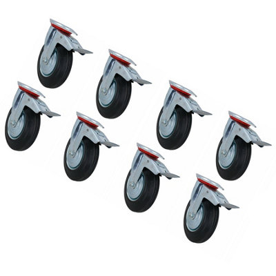 200mm HD Braked Castor Wheel Rubber Tyre For Trolleys Trucks Carts 8pc