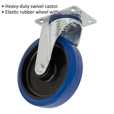 200mm Heavy Duty Swivel Plate Castor Wheel - 50mm Tread Elastic with Nylon Core