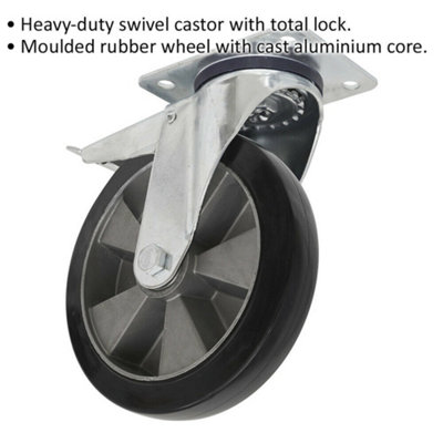 200mm Heavy Duty Swivel Plate Rubber Castor Wheel - 50mm Tread -Total Lock Brake