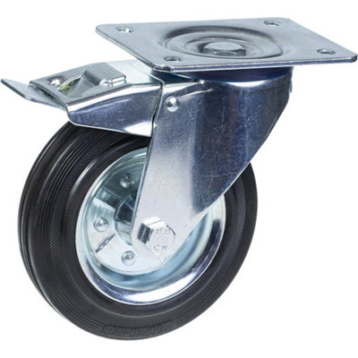 200mm swivel/brake castor with black rubber on pressed steel centre wheel
