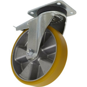 200mm Swivel Plate Castor Wheel - 50mm Tread - Aluminium & PU - Total Lock Brake