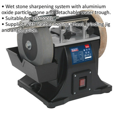 200mm Wet Stone Sharpener with Honing Wheel - Water Trough - Suits HSS Tools
