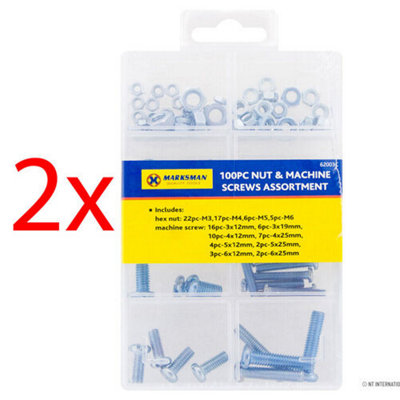 200Pc Nuts & Machine Screws Assorted In Case Hex Bolts Set Fixings Washer Diy