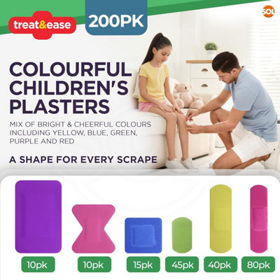 200pk Colourful Childrens Plasters Washproof Assorted Shapes and Sizes ...