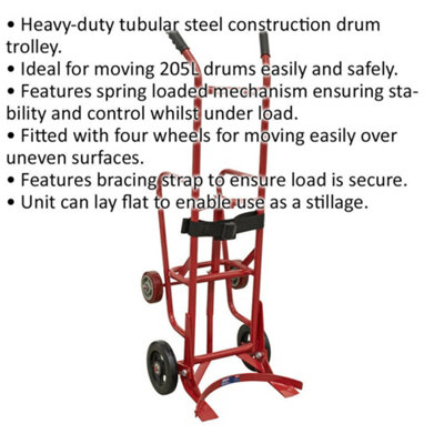 205L Drum Stillage Trolley - Spring Loaded Mechanism - Bracing Strap - Wheeled