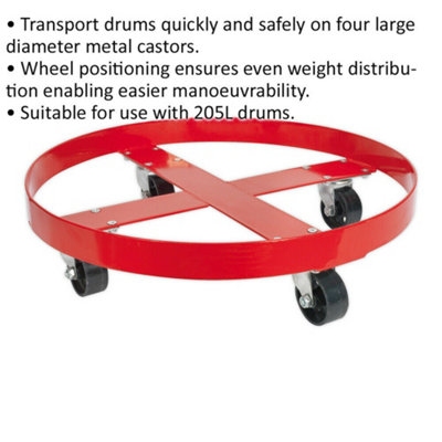 205L Oil Drum Dolly - Four Large Diameter Metal Castors - Drum Transportation